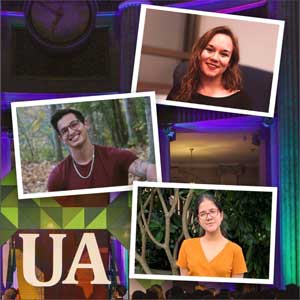 three portraits of student winners on decorative background