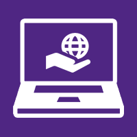 icon with of laptop with a hand offering a globe on screen