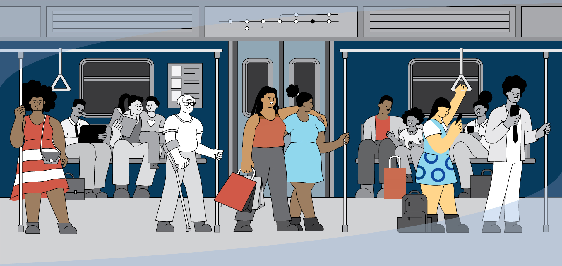 people standing on bus, some holding onto hand ropes, some sitting and others standing while holding onto bars