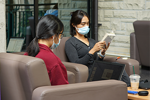 two students sitting in leather chairs. one reading a novel, one studying on their laptop